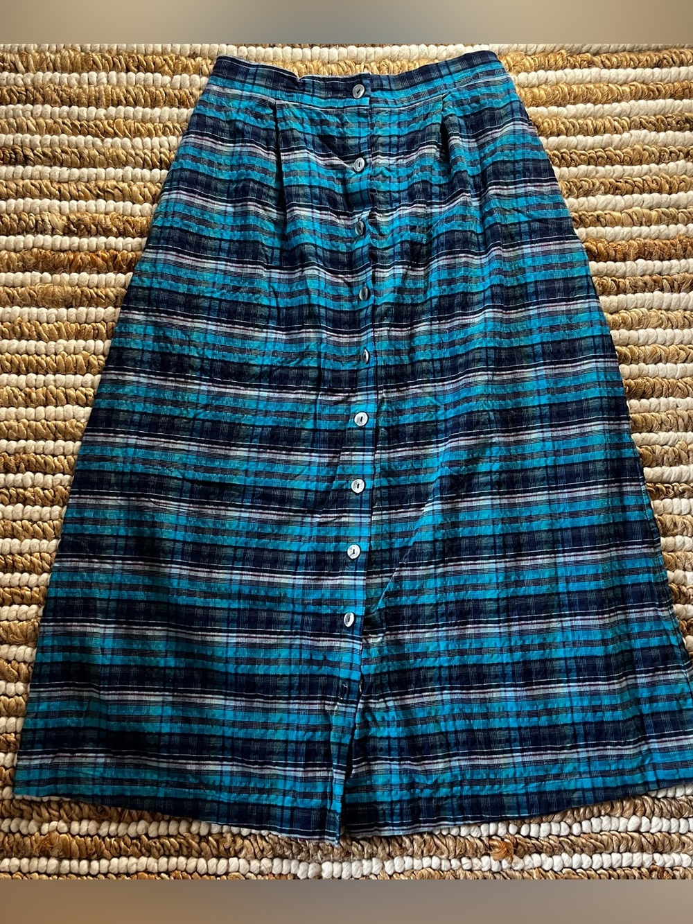 Vintage Orvis 100% Cotton Button-Front Teal Plaid Crinkle Midi Skirt